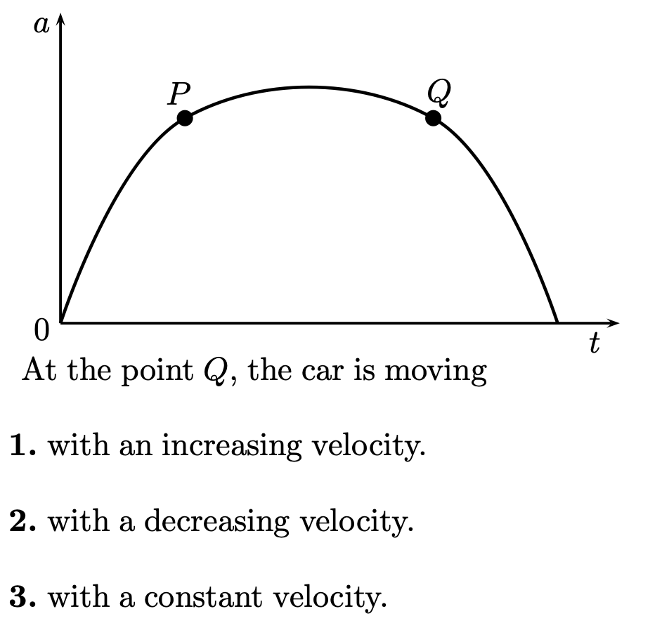 <ol start="9"><li><p>The diagram describes the acceleration vs. time behavior for a car moving in the x-direction</p></li></ol><p></p>