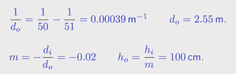 <p>a) 1/dO = 1/f -1/di</p><p>b) m = -di/do </p><p>c) hO = hi/m </p>