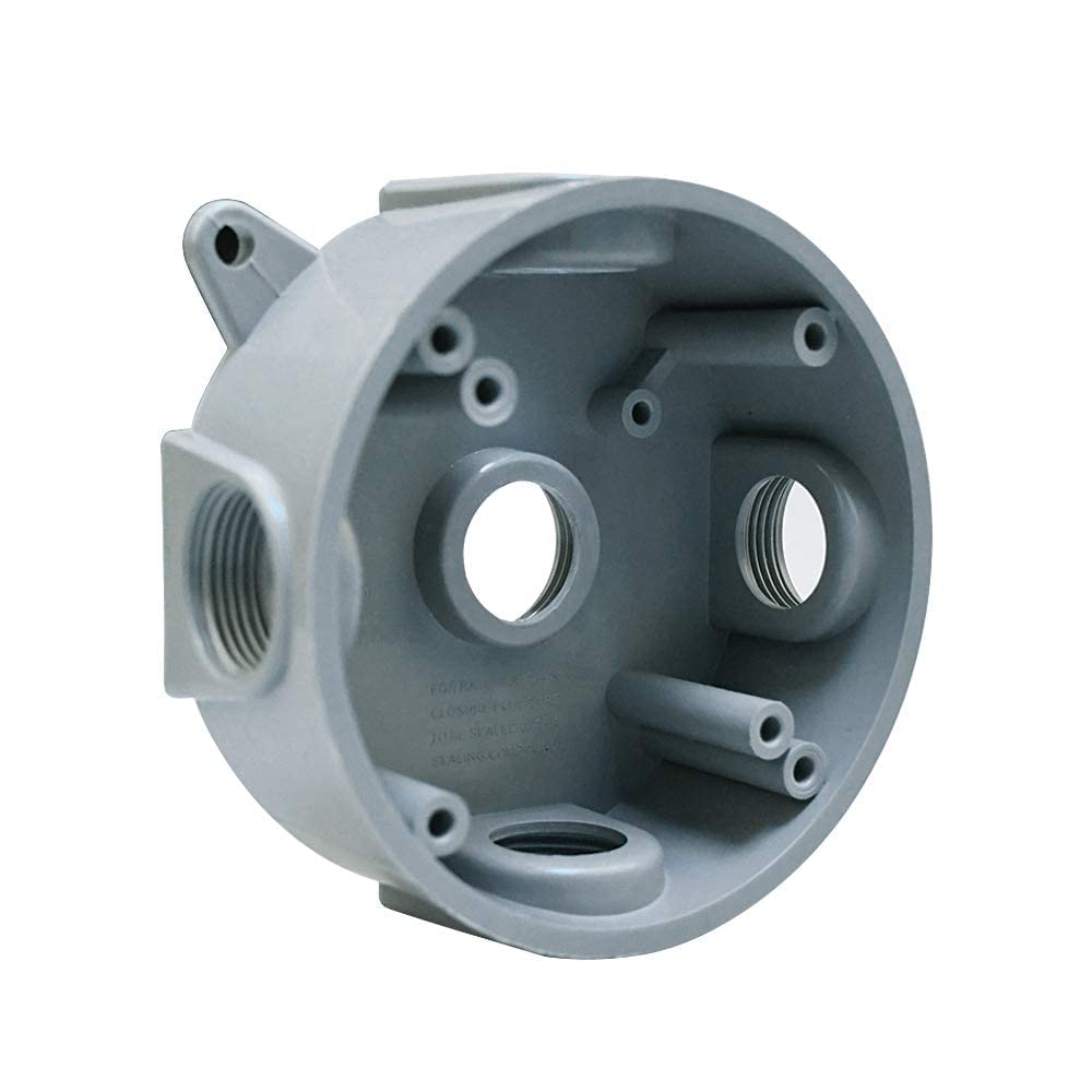 <p>Round electrical junction box used for ceiling fixtures or light installations, designed to house and protect wire connections while supporting lighting devices.</p>