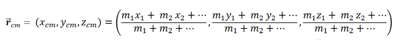 <p>x cord*mass/total mass + ycord*mass/total mass + zcord*mass/total mass</p>
