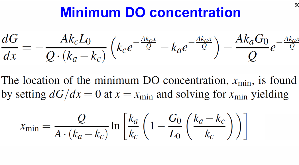 <p>The location of the min DO conc, xmin, is found by setting dG/dx=0 at x=xmin and solving for xmin yielding…</p>