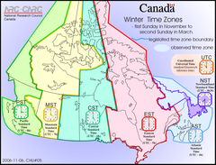 <p>Pacific, Mountain, Central, Eastern, Atlantic, Newfoundland</p>