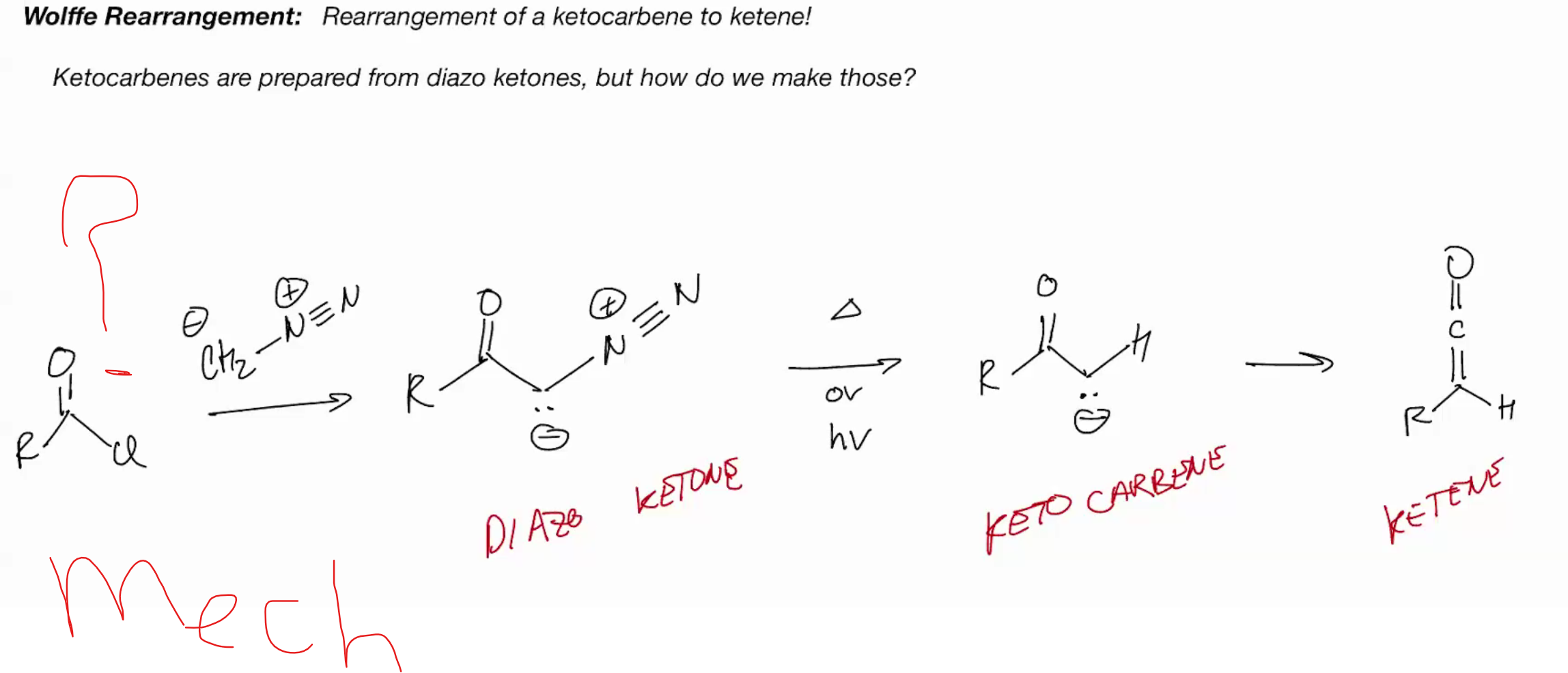 <p>Wolffe Rearrangement (ketocarbene to ketene)</p>
