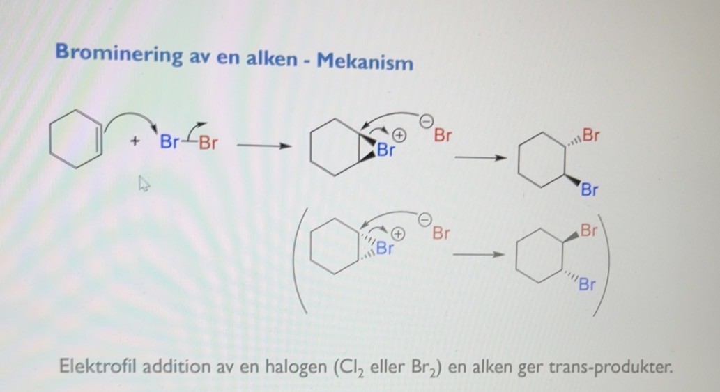 <p>Elektrofil addition av halogen (Br2 or Cl2)</p>
