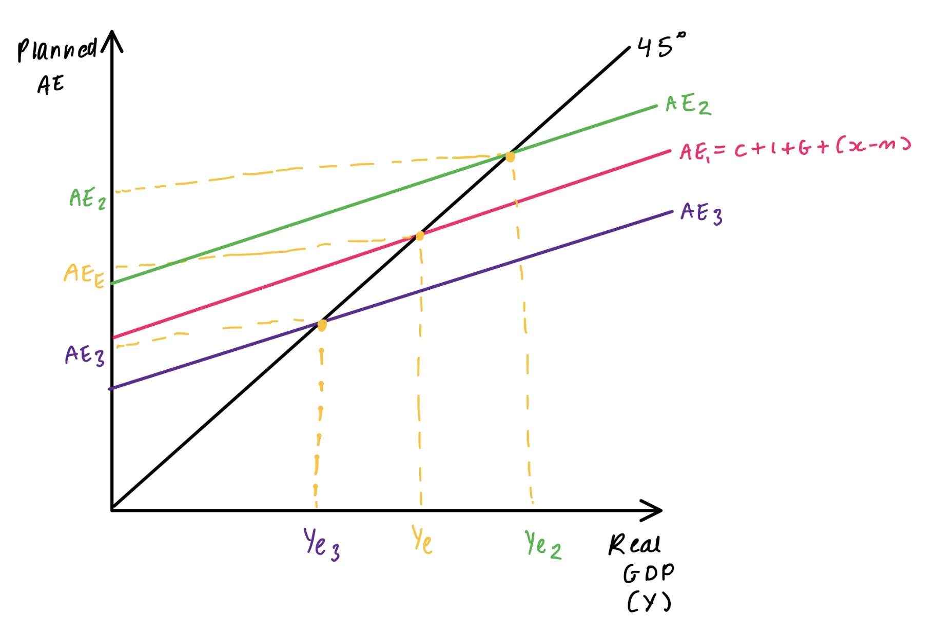 <p><strong><u>A change in autonomous expenditure (C[a], I, G, X)</u></strong></p><p></p><p>> <span style="color: rgb(44, 174, 21);"><strong>AE schedule shifts upwards:</strong></span></p><ul><li><p>Increase in autonomous expenditure</p></li><li><p>E.g. policies to increase consumer consumption, more government spending on hospitals, roads, better trade deals to increase exports, etc. </p></li><li><p>↑GDP (Y<sub>e</sub> > Y<sub>e2</sub>) and ↑planned AE (AE<sub>e</sub> > AE<sub>2</sub>) </p></li><li><p>Could help an economy get out of a recession - *<em>spending (left of politics)</em>*</p></li></ul><p></p><p>> <span style="color: rgb(241, 70, 70);"><strong>AE schedule shifts downwards:</strong></span></p><ul><li><p>Decrease in autonomous expenditure </p></li><li><p>E.g. decreasing consumer/business confidence!!!!, less government spending, end of trade deals, etc.</p></li><li><p>↓GDP (Y<sub>e</sub> > Y<sub>3</sub>) and ↓planned AE (AE<sub>e</sub> > AE<sub>3</sub>)</p></li></ul><p></p>
