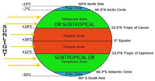 <p>Climatic zones are regions of the Earth defined by patterns of<strong> temperature and precipitation:</strong></p><ul><li><p>Tropics (0-23.5 degrees):<strong> warm, wet, weakly seasonal </strong>(wet/dry seasons)</p></li><li><p>Temperate zone (23.5-60 degrees): <strong>highly seasonal</strong>, <strong>cold winters and warm/hot summers</strong>, large landmasses in northern hemisphere (<strong>continental)</strong></p></li><li><p>Polar (60-90): Year-round <strong>low</strong> temperatures. <strong>24 H dark or light </strong>at solstices. </p></li></ul><p></p>