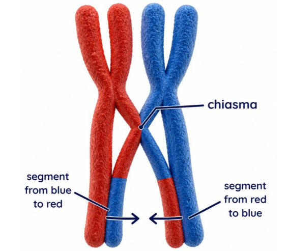 <p>homologous pairs line up close in a process called synapsis</p><p>non sister chromatids can touch at points called chiasmata then break and reattatch to each other</p>