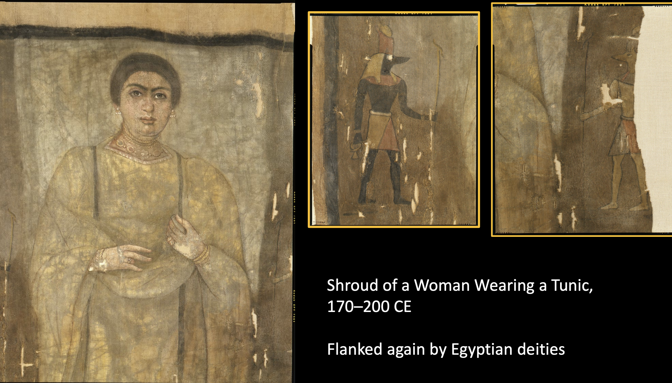 <p>Significant as this shows how Roman culture influences Egyptian practices after they are conquered.</p><ul><li><p>The sides of the tomb <strong>depict local Egyptian gods and deities</strong></p></li><li><p>But the textiles speak to the<strong> agency (capability/independence) of women in Rome</strong></p></li></ul><p>Women thus used the <strong>Roman portrait to claim power and authority in society</strong> and the <strong>Egyptian gods to claim power in the afterlife.</strong></p><p></p>
