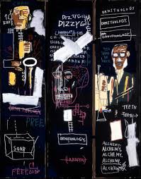 <p><strong>Jean-Michel Basquiat, <em>Horn Players</em>, 1983</strong></p><p>*   <strong>Movement:</strong> A definitive work of <strong>Neo-Expressionism</strong>, a 1980s movement that rejected the coolness of Minimalism in favor of intense subjectivity, raw energy, and aggressive brushwork.</p><p>*   <strong>Subject:</strong> A triptych (three-panel painting) that pays homage to legendary jazz musicians, specifically saxophonist <strong>Charlie Parker and trumpeter Dizzy Gillespie</strong>, whose names and song titles (like "Ornithology") appear in the scrawled text.</p><p>*   <strong>Style:</strong> Features a <strong>graffiti-inspired aesthetic</strong> characterized by layered paint, crossed-out words, and anatomical sketches that mimic the improvisational and rhythmic nature of jazz music.</p><p>*   <strong>Theme:</strong> Focuses on the <strong>celebration of African American cultural heroes</strong> and the history of black music, successfully bringing the visual language of the streets into the realm of high-end art galleries.</p>