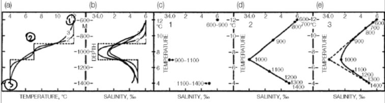 <ul><li><p>- Small area of mixing </p></li><li><p>- For salinity at time 3 you lose some of it </p></li><li><p>- At time 2 you get a sharp angle, at time 3 you get a curve </p></li><li><p>- When you get the curve, you lose your conservative mixing </p></li></ul><p></p>