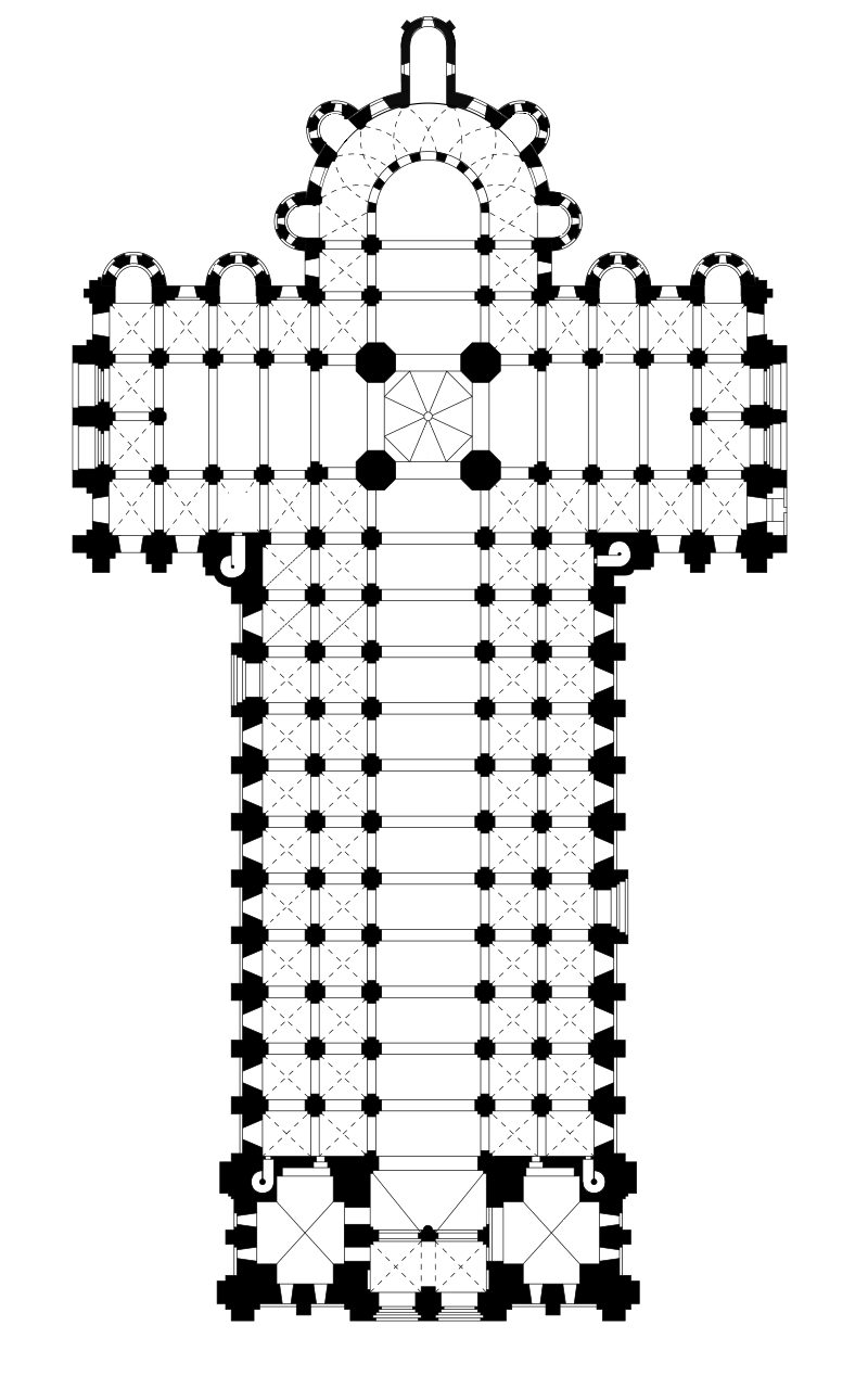 <p>the modular architecture is based off the ___ unit, and internally this church has a combination of ___ vaulting in the nave and ___ vaulting in the gallery and aisles.</p>