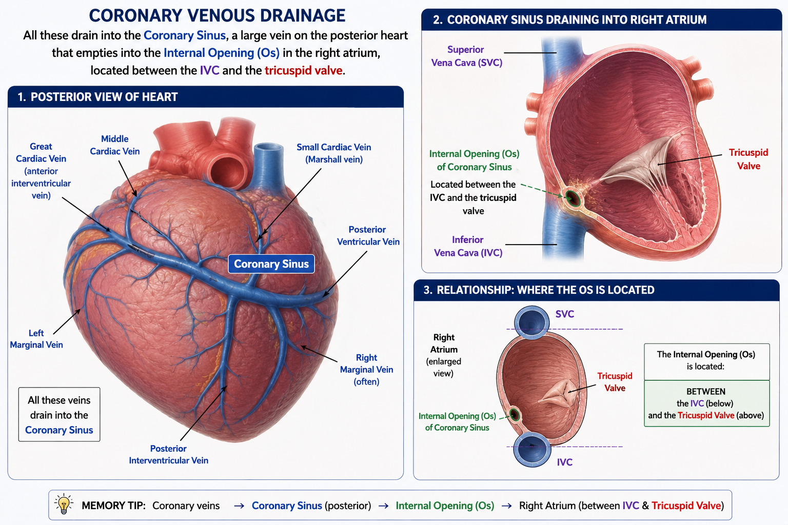 <p><span style="background-color: transparent; font-family: "Times New Roman", serif;">All these drain into the <strong>Coronary Sinus</strong>, a large vein on the posterior heart that empties into the <strong>Internal Opening (Os)</strong> in the right atrium, located between the IVC and the tricuspid valve.</span></p>