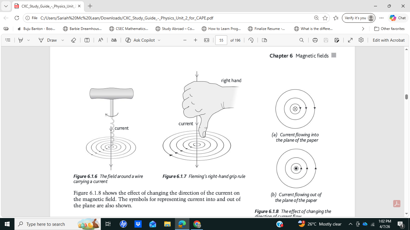 <p>B = μ₀I / 2πr</p><p>where μ₀ = permeability of free space /Hm<sup>-1</sup></p><p>I = current/A</p><p>r = perperdicular distance from conductor/m</p>