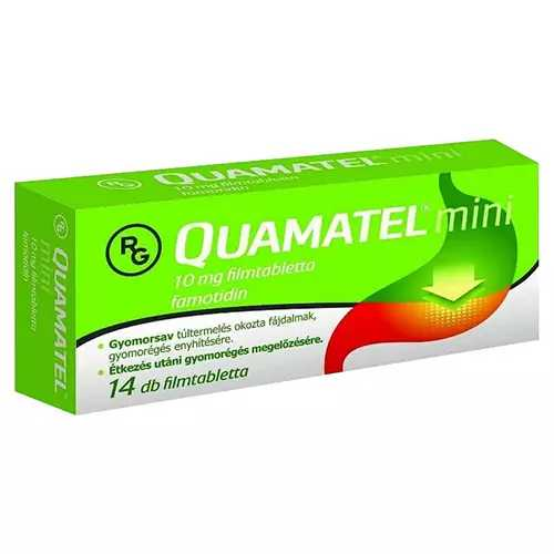 <p>H2 -receptor-antagonisták<br><br>Csökkentik a bazális, az étkezés indukált és az éjszakai savelválasztást <br> Részlegesen gátolják az acetilkolin indukált HCl szekréciót <br> A hisztamin és gastrin modulált savelválasztást is mérsékli <br> Csökken a szekrétum volumene és a hidrogénion koncentrációja- csökken a pepszin és intrinszik faktor elv. Is. <br> <strong>Kifejezetten alkalmas az éjszakai savtermelés befolyásol</strong>ására- Hisztamin modulált <br> 30 perc után hat és kb 10 órán át – 2x1 vagy – Este 1 <br> <strong>profilaktikusan </strong>(„ fűszeres étel”, este lefekvés előtt) <br><strong> Hatásához tolerancia alakul ki- </strong>ezért is intermittáló kezelés- max 2 hét folyamatosan <br> <strong>Gyors hatás, de nem tartós, gyenge szekréció gát</strong>lás<br><br>Quamatel Mini 14x tabl. OTC</p>