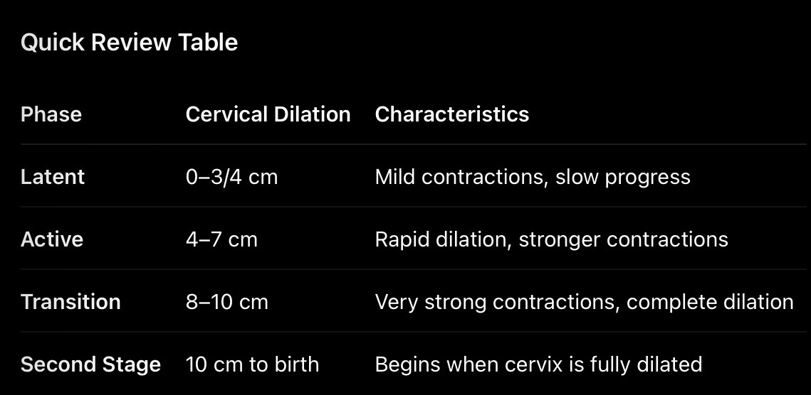 <p>Answer: <span>C. Active phase</span></p><p><span>Rationale: </span></p><p><span><span>The </span><strong><span>active phase</span></strong><span> of the first stage of labor is characterized by </span><strong><span>rapid cervical dilation</span></strong><span>, typically from </span><strong><span>4 cm to 7 cm</span></strong><span> (or up to 8 cm in some references). Contractions become stronger, longer, and more frequent, causing faster cervical changes.</span></span></p><p></p><p><span><span>The </span><strong><span>latent phase</span></strong><span> is the early part of the first stage of labor. Cervical dilation progresses slowly from </span><strong><span>0 to about 3–4 cm</span></strong><span>. Contractions are usually mild to moderate and less frequent.</span></span></p><p></p><p><span><span>The </span><strong><span>transition phase</span></strong><span> is the final phase of the first stage of labor, where cervical dilation progresses from </span><strong><span>8 cm to 10 cm</span></strong><span>.</span></span></p>