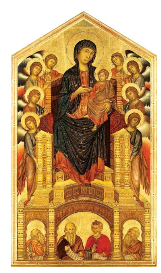 <p>Cimabue,1280–1290, Tempera and gold leaf on wood</p><p>-Bridge between Byzantine and later naturalism</p><p>gold background and hierarchical scale, is the reflection of the Byzantine art </p><p>-- Figures have more volume and shading as well as realistic bodies, this takes a step towards the Renaissance </p><p></p>