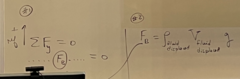 <p>Static equilibrium -> the sum of the forces = 0.</p><p> * F(B) is one of the forces.</p><p>F(B) = ρ(fluid)V(submerged)g</p><p>F(B) = ρ(fluid)V(fluid displaced)g</p><p>F(B) = W(water displaced) -> F(B) = M(water disp.)g</p><p> * M = ρV</p>