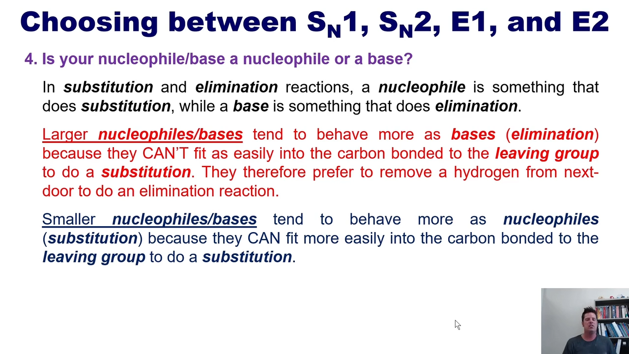 <p>larger nucleophiles/bases act more as bases as they are too large</p><p></p><p>smaller nucleophiles/bases act more as nucleophiles as they can fit</p>