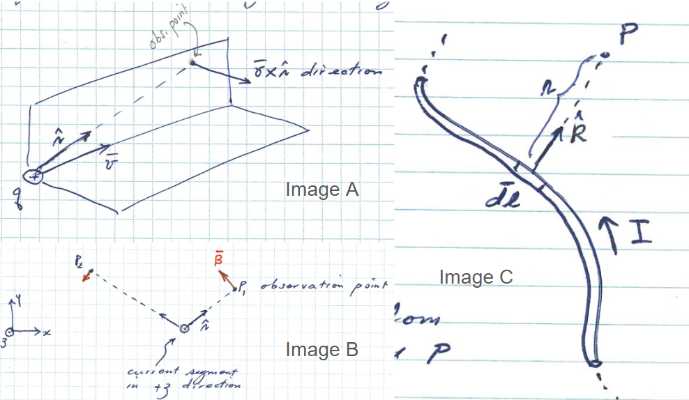 <p>B<sup>→</sup>:</p><ul><li><p>Point charge: (μ<sub>o</sub>/4π)(qv<sup>→</sup> × r<sup>^</sup>)/r² // image A</p></li><li><p>Current segment: (μ<sub>o</sub>/4π)(Idl<sup>→</sup> × r<sup>^</sup>)/r² // image B</p></li><li><p>Integral: (μ<sub>o</sub>/4π)∫(Idl<sup>→</sup> × r<sup>^</sup>)/r² // image C</p></li></ul><p></p><p>where:</p><ul><li><p>μ<sub>o</sub> = permeability</p></li><li><p>I = current</p></li><li><p>q = charge</p></li><li><p>v<sup>→</sup> = charge velocity</p></li><li><p>dl<sup>→ </sup>= current element</p></li><li><p>r = distance from dl<sup>→</sup> to observation point where we want B<sup>→</sup></p></li></ul><p></p>
