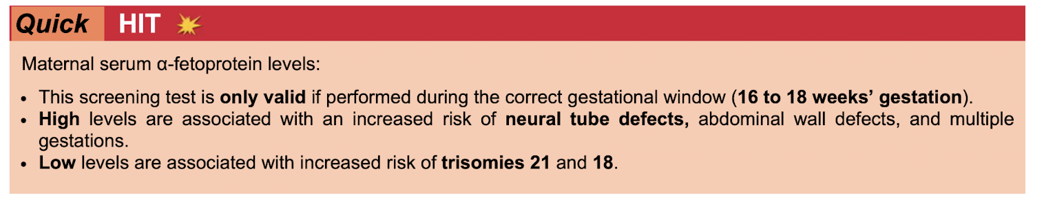 <p>-Test is only valid if performed during correct gestational window (16-18 weeks gestation)&nbsp;</p><p class="p2"></p><p class="p1">-High levels are associated with risk of NTDs, abdominal wall defects, and multiple gestations</p><p class="p2"></p><p class="p1">-Low levels are associated with inc risk of trisomies 21 and 18&nbsp;</p><p class="p2"></p>