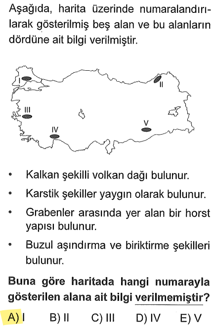 <p>Kalkan şekilli volkan: Karacadağ (V)</p><p>Karstik şekiller: Teke-Taşeli (IV)</p><p>Horst-Graben: Ege (III)</p><p>Buzul aşındırma: Doğu Karadeniz/Kaçkarlar (II)</p><p>I numara (Yıldız Dağları) için bilgi yoktur.</p>