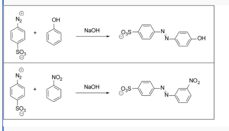 <p>Which of the following azo dye syntheses would be faster? Explain your reasoning.</p>
