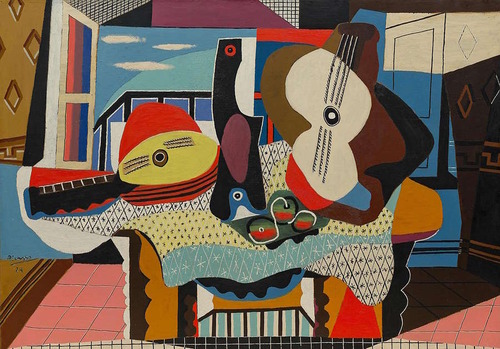 <p>The artist reduces the illusion of traditional depth primarily by:</p>