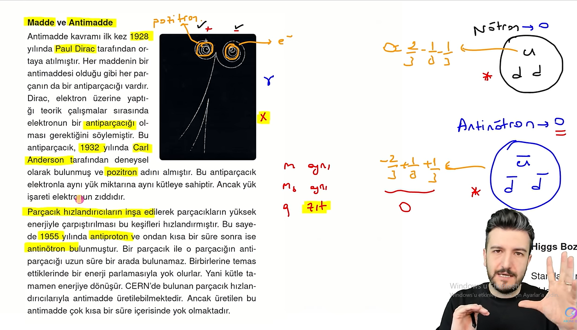 <p>Antimadde ve maddenin manyetik kuantum sayısı kütlesi aynı iken sadece yükü zıttır</p><p>Her parçacığın anti parçacığı vardır ancak gluon ve fotonun anti parçacığı kendileridir çünkü yüksüzler</p><p>Nötronda yüksüz ancak antisi antinötrön olarak geçiyor çünkü nötrön temel parçaçık değil 2d 1 u dan oluşuyor</p><p>Parçacıkların antisi yazılırken parçacık işaretinin üstüne - koyulur</p><p>Bir parçacık ile antisi aynı anda uzun süre  bulunamaz temas ettiklerinde patlama olur</p>