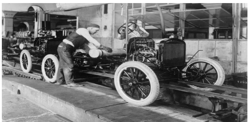 <ul><li><p>henry ford used this technique for mass production in his car factories</p><ul><li><p><span style="background-color: transparent;">was faster, cheaper and more efficient</span></p></li><li><p><span style="background-color: transparent;">everything became cheaper for average Canadian families</span></p></li></ul></li></ul><p></p>