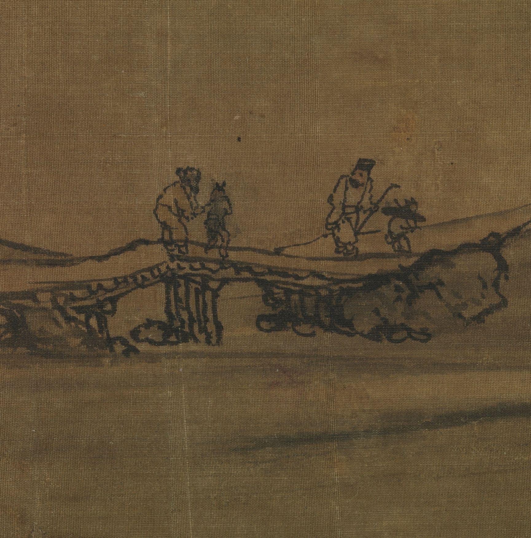 <p>One of the old man has his back to us (perhaps indicating a turning away from a life of service?). Passing by the bridge – a space of parting. Throughout the painting, the figures often come in pairs – two fishermen, two woodcutters (both symbolize figures of reclusion). The one exception is the man in the pavilion, perhaps preparing food for the parting feast.</p>