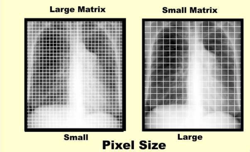 <p>-digital image, usually square or rectangular array of numbers -a matrix</p><p>-pixel size=field of view (FOV) of the image/number of pixels across the image</p><p>eg. if CT has 23 cm x 23 cm FOV and images aquired in 512 pixel by 512 pixel format, pixel size is 23cm/512=0.45 mm in x and y directions</p>
