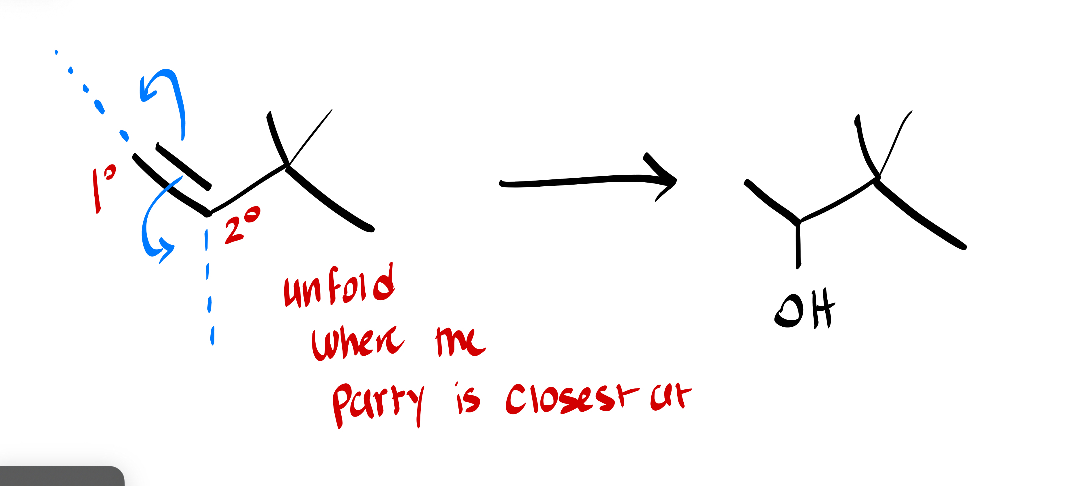 <p>this is a oxymercuration-demercuration reaction. (mark) very fast way to solve: place the OH group where the party is closest at. no shifts will happen he is happy where he’s at. (think of unfolding left or right only.) </p>