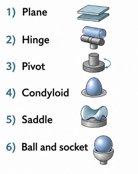 <ul><li><p>Plane</p></li><li><p>Hinge</p></li><li><p>Pivot</p></li><li><p>Condyloid</p></li><li><p>Saddle</p></li><li><p>Ball-and-socket</p></li></ul><p></p>