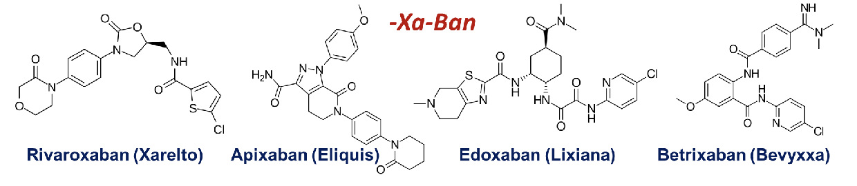 <p><strong>L shaped molecules</strong></p><ul><li><p>rivaroxaban</p></li><li><p>apixaban</p></li><li><p>edoxaban</p></li><li><p>betrixaban</p></li></ul><p></p>