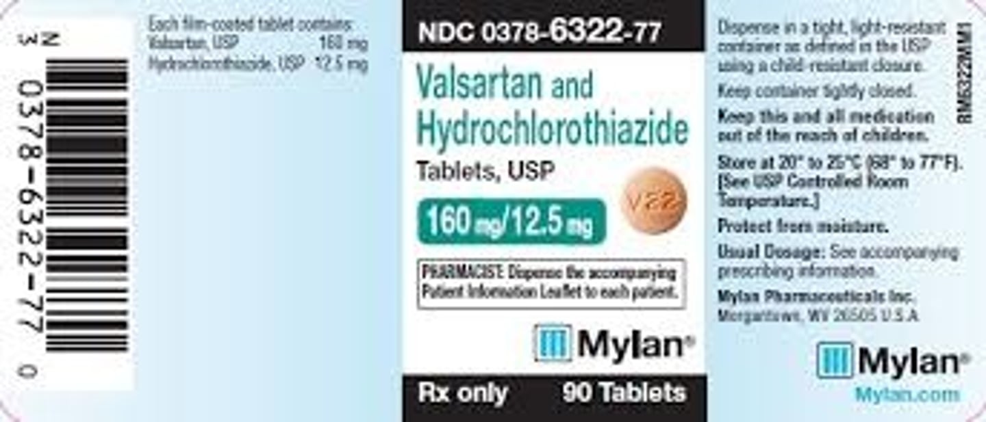 <p>Generic Name: Valsartan+Hydrochlorothiazide</p><p>Therapeutic Class: Angiotensin II receptor blocker; Thiazide</p><p>Indication: High blood pressure</p>