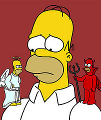 <p>Uncertain; unable to decide, or wanting to do two contradictory things at once</p>