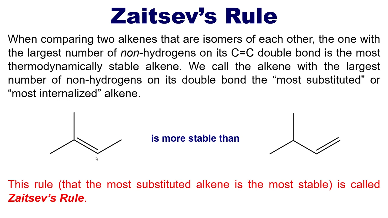 <p>The alkane with the largest amounts of non hydrogens on its C=C double bond is the most thermodynamically stable alkene</p>