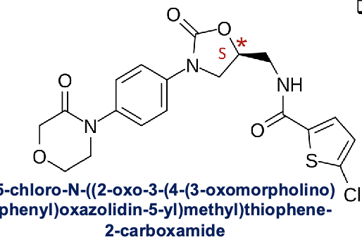 <ul><li><p>high affinity to factor Xa and good oral bioavailability</p></li><li><p>no substitutions on benzene ring=highest potency</p></li><li><p>morpholinone group= important role in binding affinity and bioavailability</p></li><li><p>chiral center (S)- in oxazolidine ring</p><ul><li><p>S enantiomer is only with pharmacological activity</p></li></ul></li></ul><p></p>