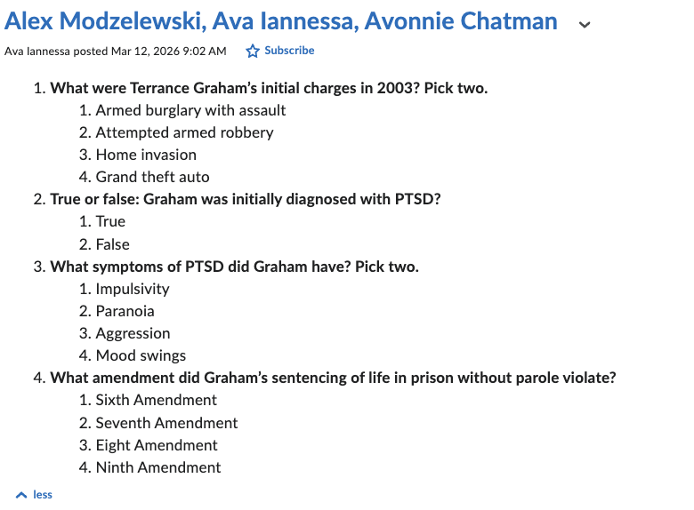 <p><span data-name="check_mark_button" data-type="emoji">✅</span> <strong>False (not a core fact of the Graham case record; the case centers on sentencing).</strong><br><strong>Options:</strong> True <span data-name="cross_mark" data-type="emoji">❌</span> / False <span data-name="check_mark_button" data-type="emoji">✅</span><br><strong>Why:</strong> The major documented focus is his conviction/sentencing and the constitutional issue—not a PTSD diagnosis.</p><p>The claim that Graham was diagnosed with PTSD is inaccurate; his case revolves around matters of sentencing rather than mental health diagnoses. </p>
