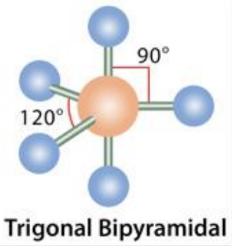 <p>trigonal bipyramidal, 90 and 120</p>