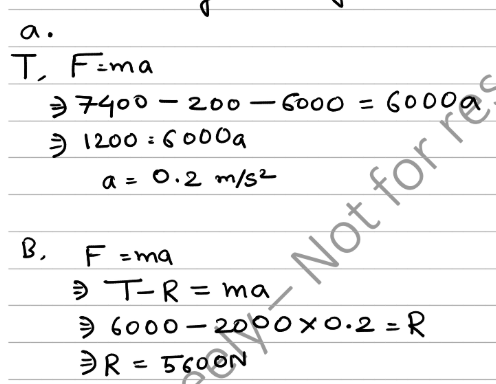 <p>R = 5600N<br><br>for this type of question, friction is given as resistance so no need to bring in “μR”<br></p>