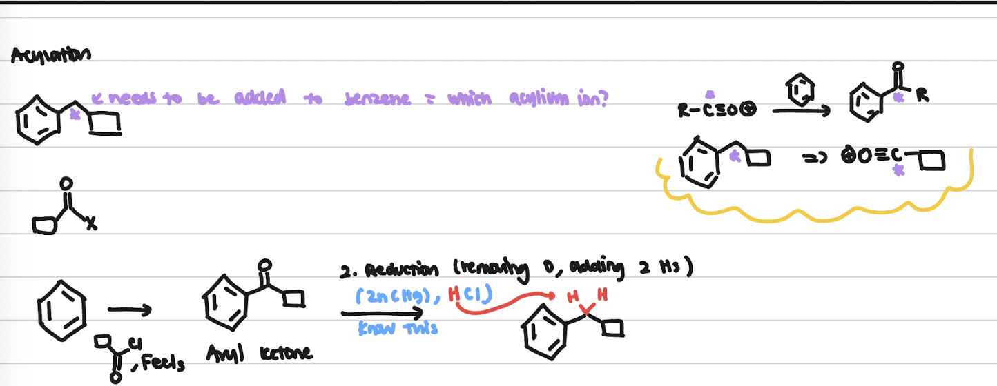 <p>Approach:</p><p>1) Draw the actual product first</p><p>2) State the issue</p><p>3) Fix the issue</p><p>In this case, the actual product is a cyclopentane bonded to the benzene ring, because as the activated leaving group leaves, there is rearrangement to avoid an unfavorable primary carbocation. To fix it, do acylation and then reduction. </p><ul><li><p>The purple starred carbon needs to be added to the benzene ring. Remember, you can use an acylium ion! This is C=O where the C is bonded to an R group and a leaving group. </p></li><li><p>Make the leaving group anything (in this example, we have Cl), and then have it with a lewis acid in order to activate it. Then, as the leaving group leaves, O resonates to form a acylium ion. The benzene would attack the c bonded to O.</p></li><li><p>To get to the final structure, use Zn (Hg), and HCl. This basically makes an aldehyde or ketone into an alkane (replaces with hydrogens). </p></li><li><p>Always keep in mind which carbon is of interest, or where the reaction occurs. </p></li></ul><p></p>