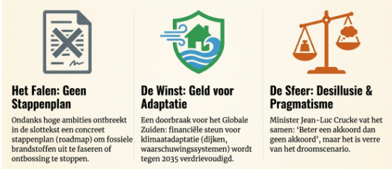 <ul><li><p><span>Geen stappenplan voor fossiele brandstoffen</span><span style="background-color: transparent;"><strong>:</strong> De grootste ontgoocheling is ontbreken van concreet stappenplan (roadmap) om gebruik van <strong>olie, gas en steenkool</strong> af te bouwen. </span></p></li><li><p><span>Budget klimaatadaptatie x3 tegen 2035 voor het globale Zuiden</span><span style="background-color: transparent;"> =>Dit lost de ‘splijtzwam’ van COP29 op: eindelijk financiële zekerheid voor de landen die de gevolgen nu al voelen, los van emissiereducties (mitigatie)</span></p></li></ul><p></p>