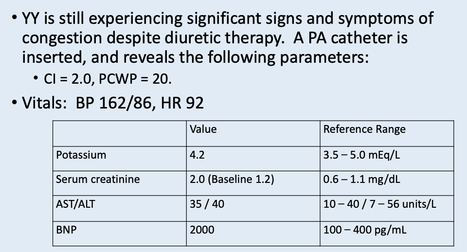 <p>Does this pt meet criteria to use a vasodilator?</p><p>If yes, which vasodilator would you choose?</p><p>A. Nitroglycerin B. Nitroprusside C. Nesiritide D. Milrinone</p>