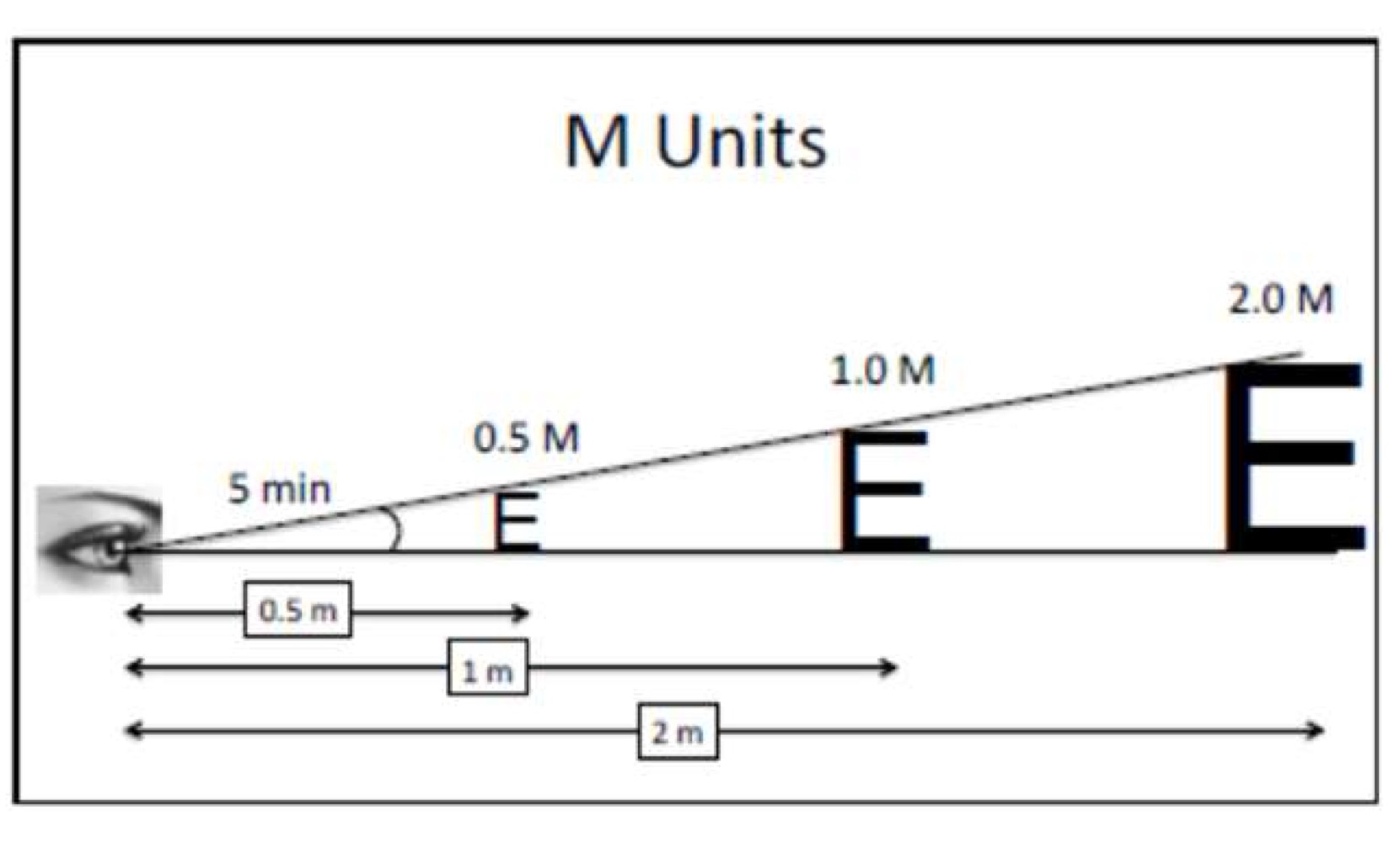 <p>numerator = testing distance (m)</p><p>denominator = letter size (meter-letter)</p><p>ex. 0.40/0.4M</p><p>M units expressed in meters</p>