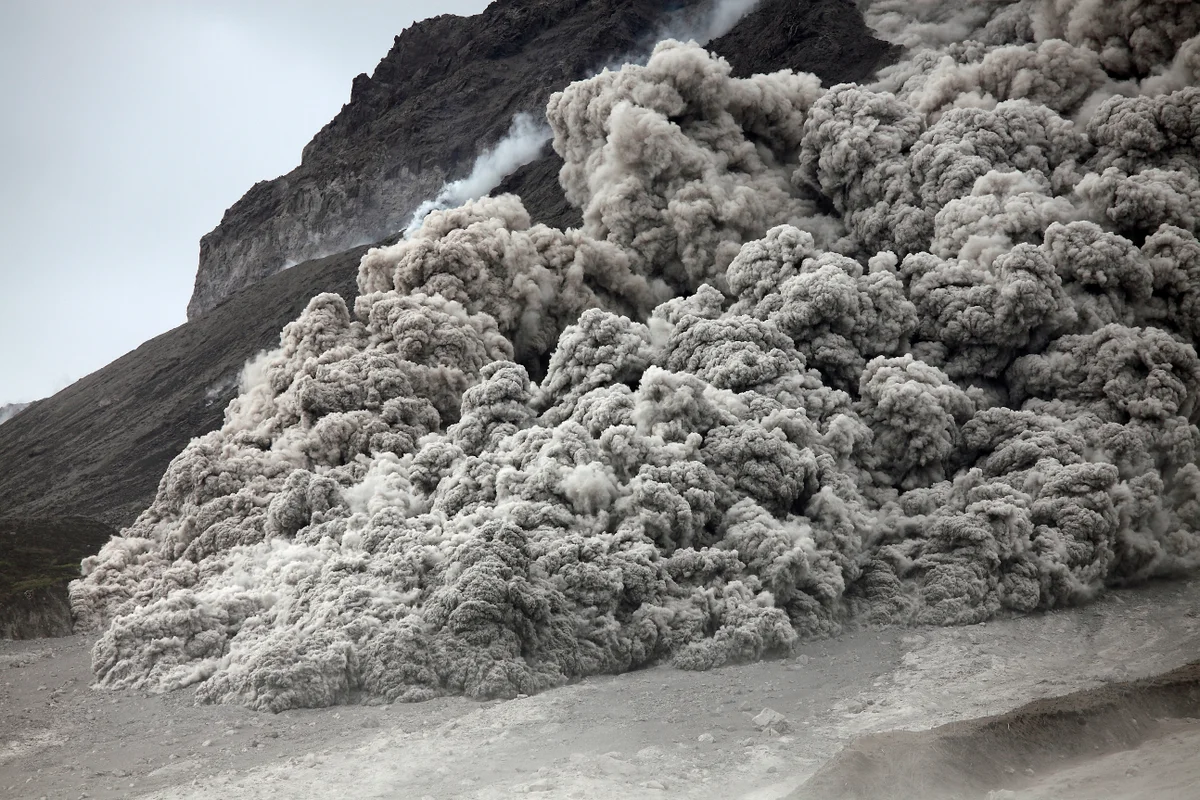 <p>a fast-moving, ground-hugging avalanche of hot gas, ash, and volcanic rock (tephra) that rushes down a volcano's flanks during explosive eruptions</p><ul><li><p>A flow of hot gas, ash, rock or any combination of the three</p></li><li><p>Driven by gravity down the slopes of a volcano at speeds over 200 kilometers per hour</p></li><li><p>can be over 1100 degress celsius (2000 degrees Fahrenheit)</p></li><li><p>Destroyed the ancient cities of Pompeii and Herculaneum as well as many others</p></li></ul><p></p>