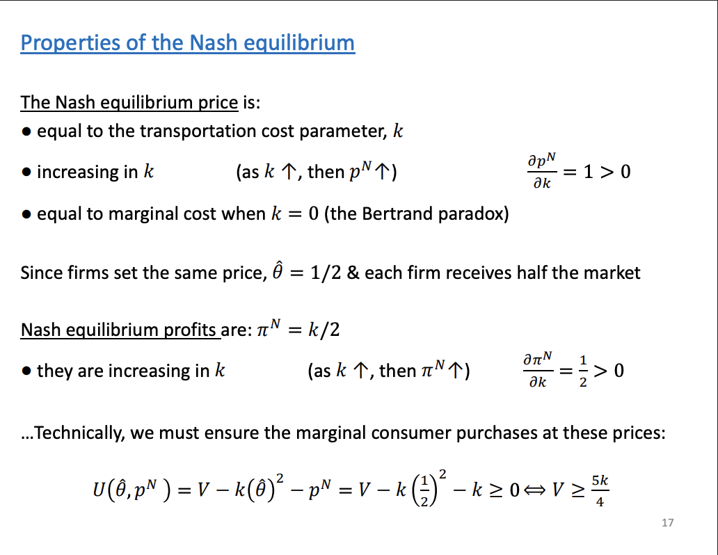 <p>Solved for equilibrium and shown that the equilibrium price is a function of the parameter k, product differentiation. Higher K, higher the prices. Firms are therefore less worried about being undercut by their rivals as less of its consumers will go to its raise and when the firm is thinking about undercutting its rival, its going to be getting less from its rival. SO they're less worried about losing consumers, they're less worried by trying to take consumers and that allows prices in the market to rise. AT the extreme it collapses to Bertrand model, when no product differentiation.</p><p>&nbsp;</p><p>Profits:</p><p>Simply k/2, then finally we need to make sure all consumers will buy int eh market, so the marginal consumer located in the middle of the firms are going to get a non negative utility</p>