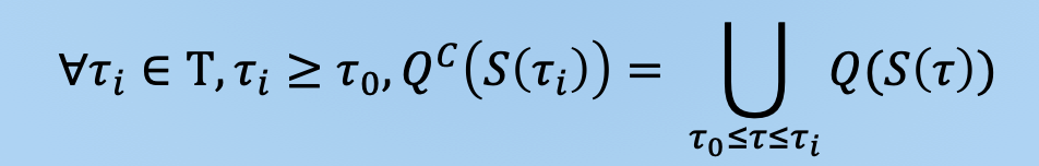 <p>Union of subsets Q(S(ts)) of qualifying tuples produced from a series of Q on successive stream contents.</p>