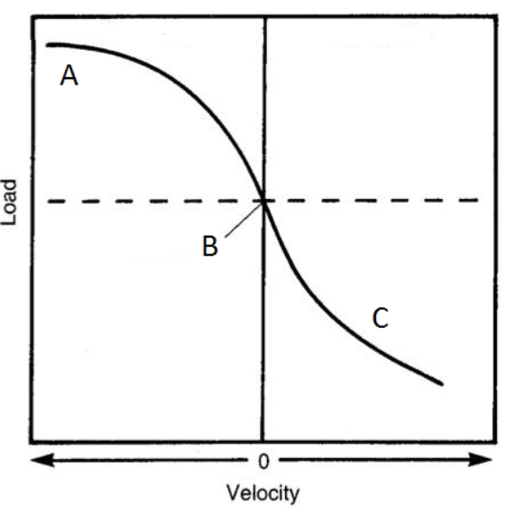 <p>The graph shows the load-velocity relationship in a muscle. Match the regions A, B, C to contraction type</p>