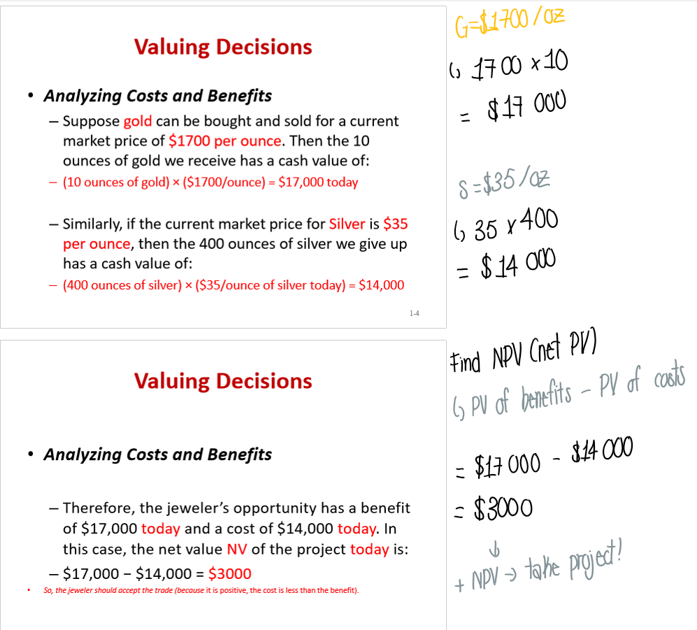 <ul><li><p>Find NPV (net present value) to see if an opportunity is profitable</p></li></ul><p>Suppose a jeweler can trade 400 ounces of silver for 10 ounces of gold today</p><ul><li><p>preferences don’t matter in competitive market where you can make a profit!</p></li></ul><p></p>